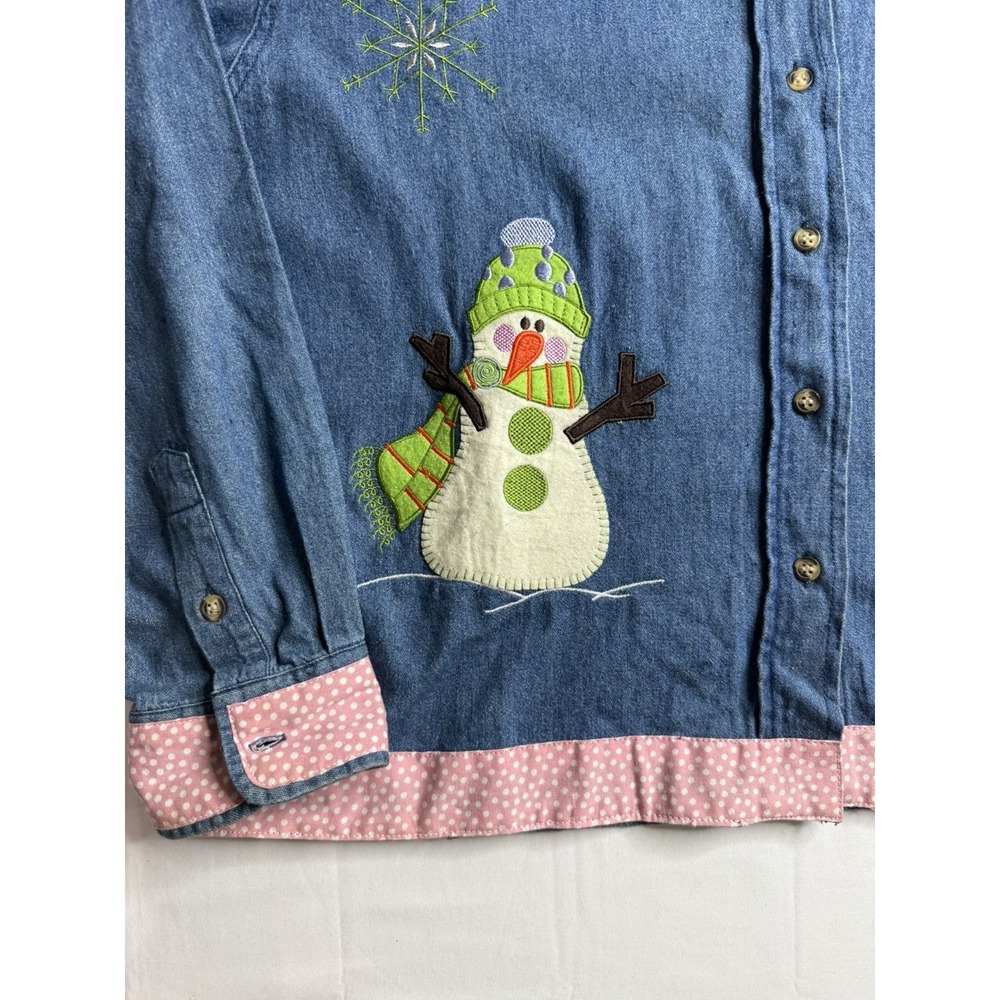 Lighthouse Apparel Women's Blue Denim Top Size L Embroidered Snowman Snowflake - Picture 5 of 11